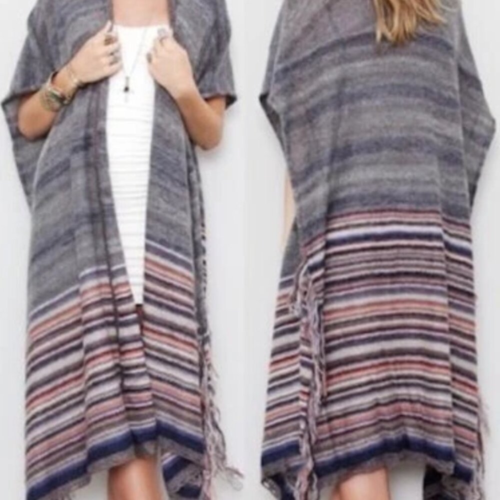 Free People Latitude 30 Long Grey Knit Rainbow Wrap Poncho Shawl Fringe Trim * S